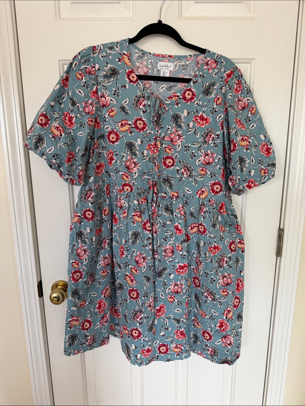 Floral Teal Short-Sleeve Mini Dress with Tie Neck